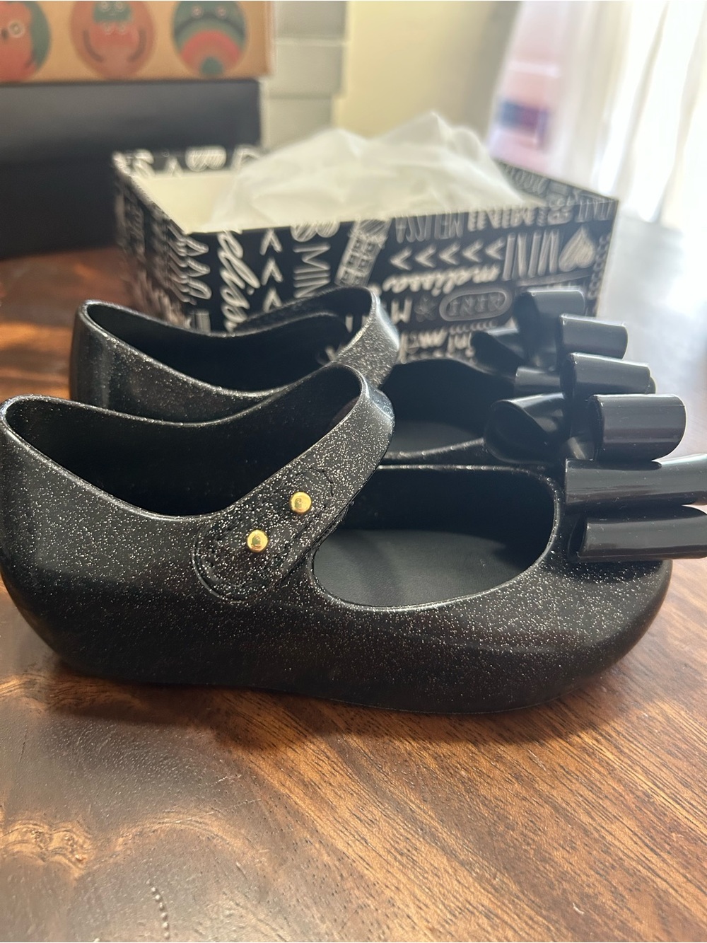 Mini Melissa Black Glitter Mary Jane Flats with Bow NWT - Picture 4 of 4